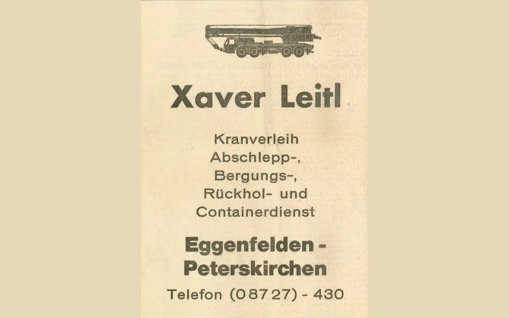 Zeitungsanzeige der Firma Xaver Leitl aus dem Gruendungsjahr 1959